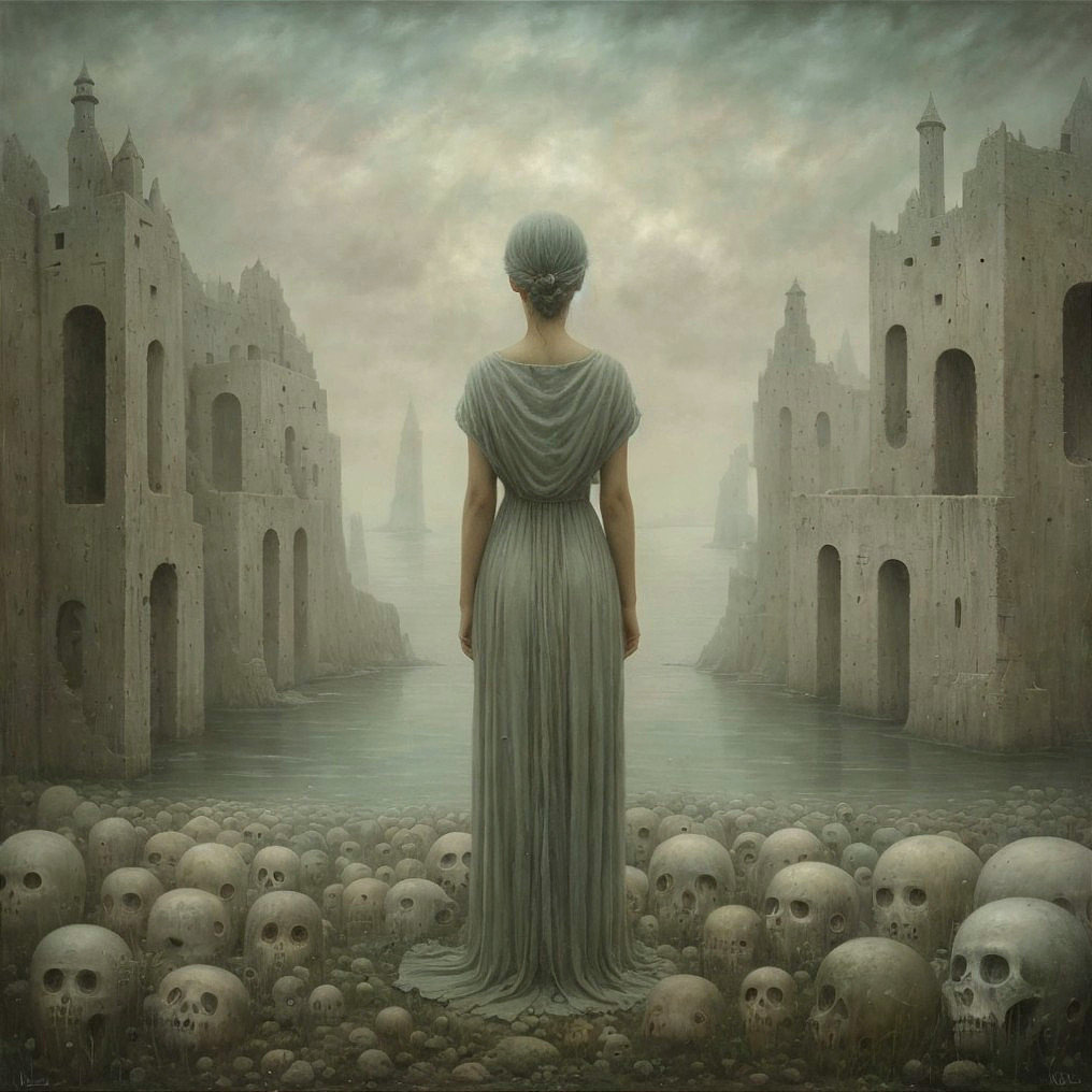 Person in Murky Landscape with Castle Ruins and Skulls
