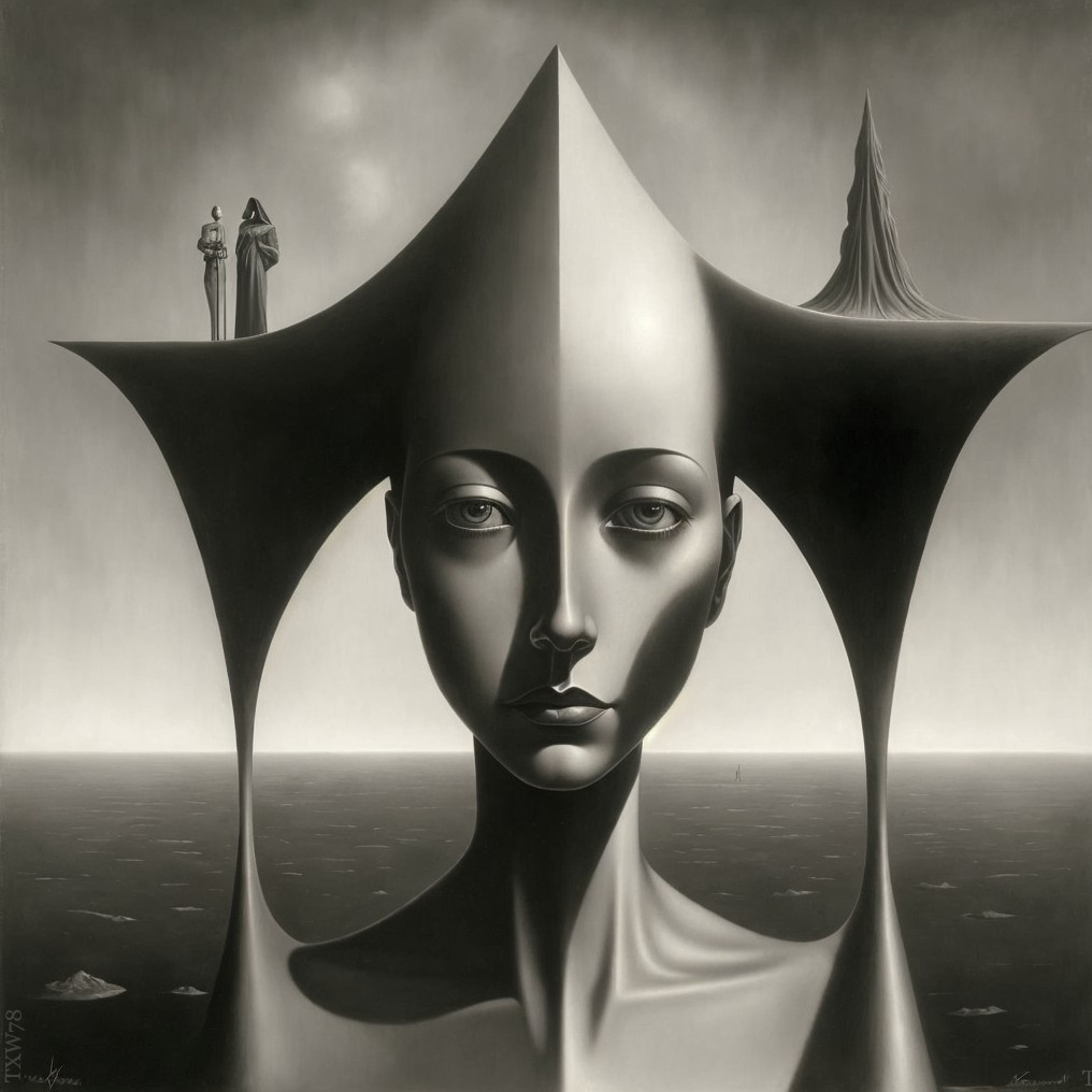 Monochrome surreal painting: face with star headdress, miniature figures, isolated peak
