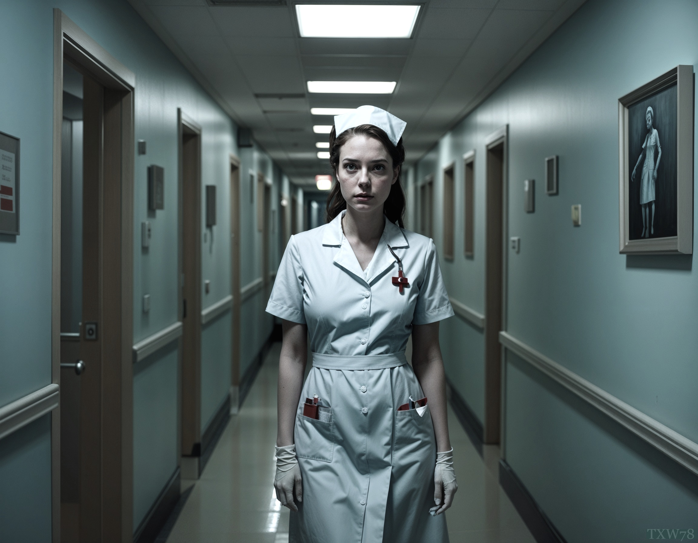 Nurse in Dimly Lit Hospital Corridor with Eerie Atmosphere