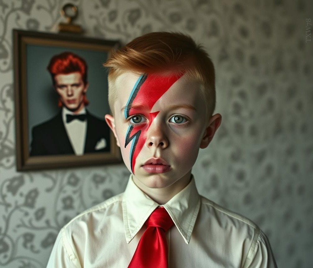 Young boy with lightning bolt face paint and red tie