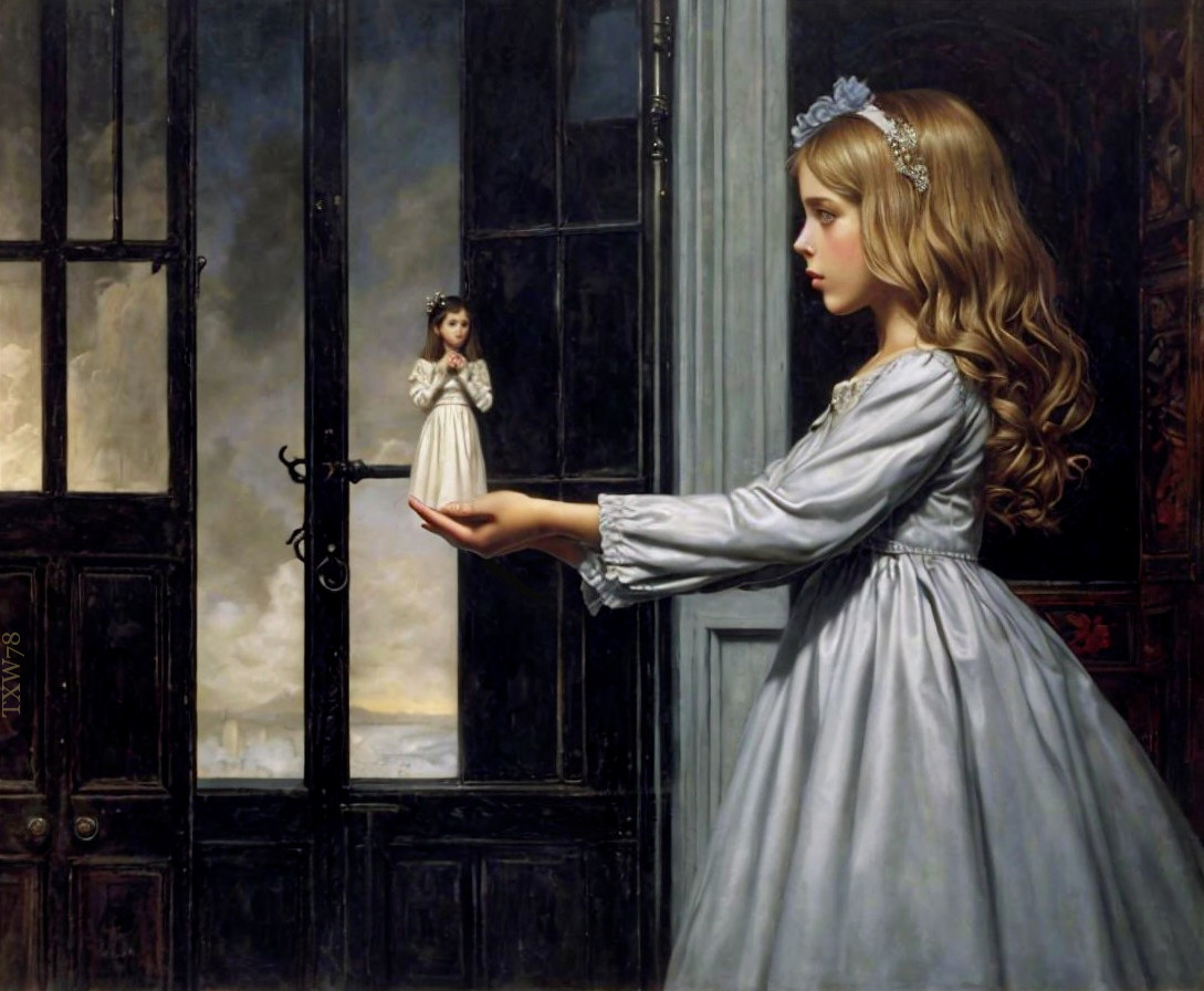 Young girl in blue dress holding porcelain doll indoors