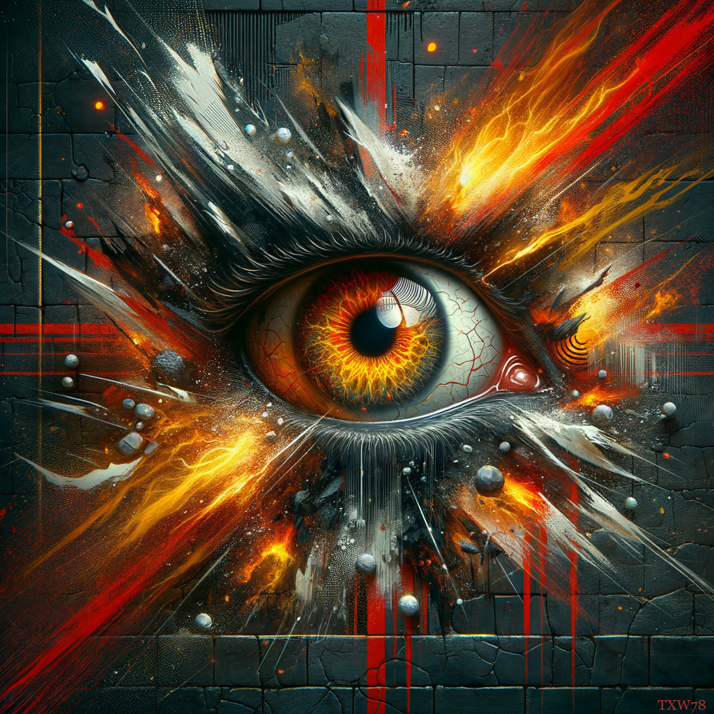 Hyper-realistic eye with fiery color bursts artwork