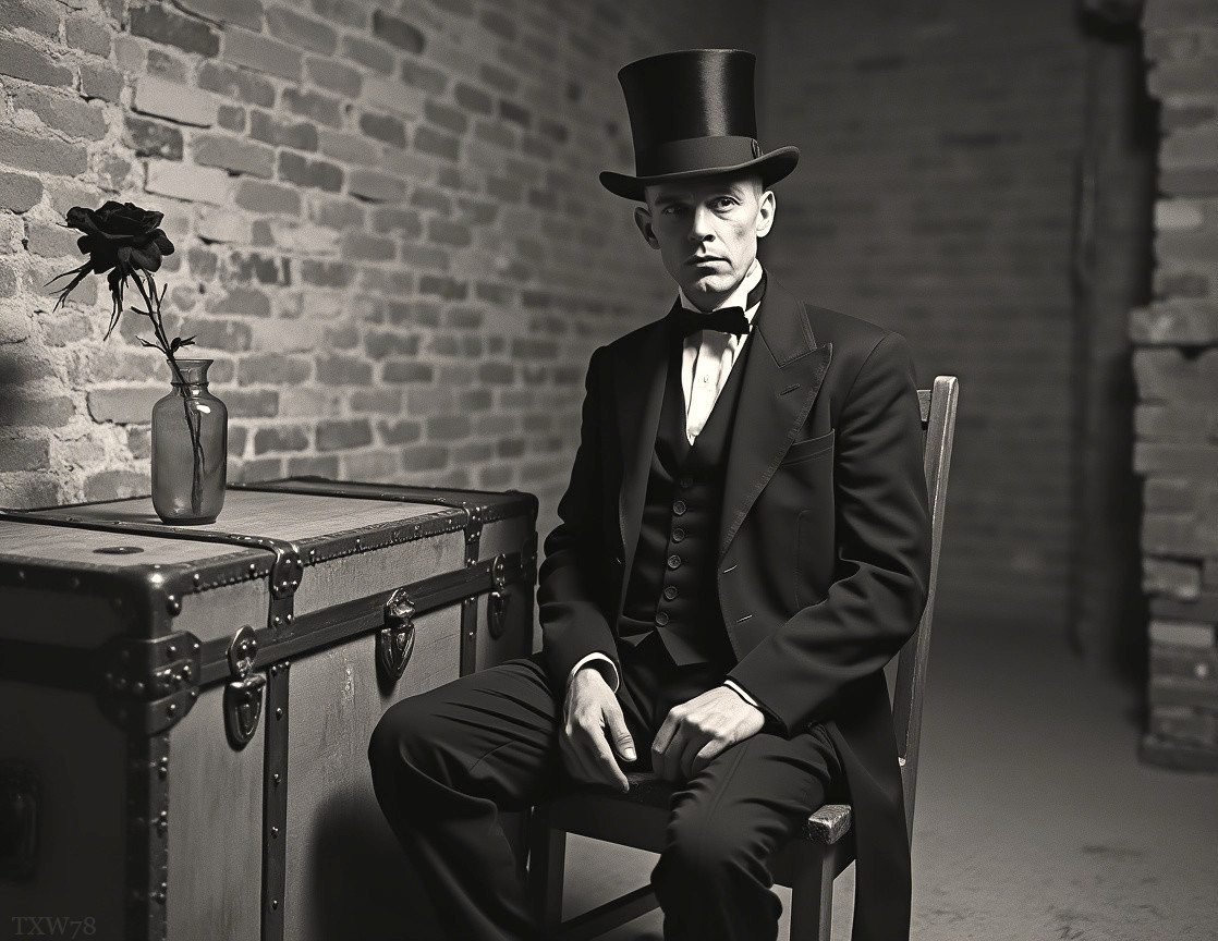 Man in Tuxedo with Vintage Suitcase and Black Rose