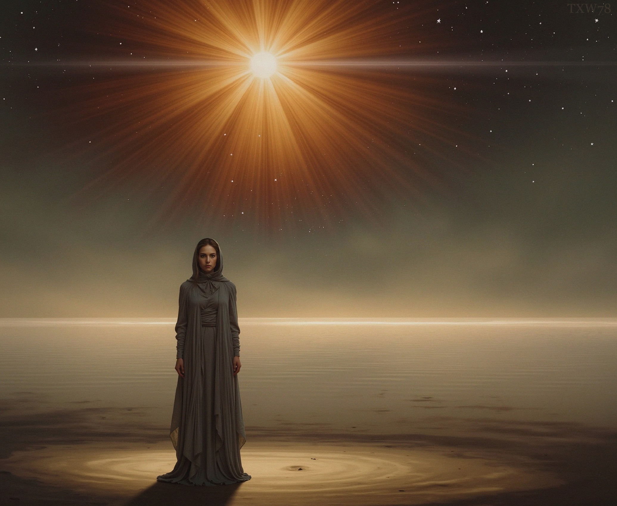 Solitary Figure on Tranquil Shoreline at Sunset