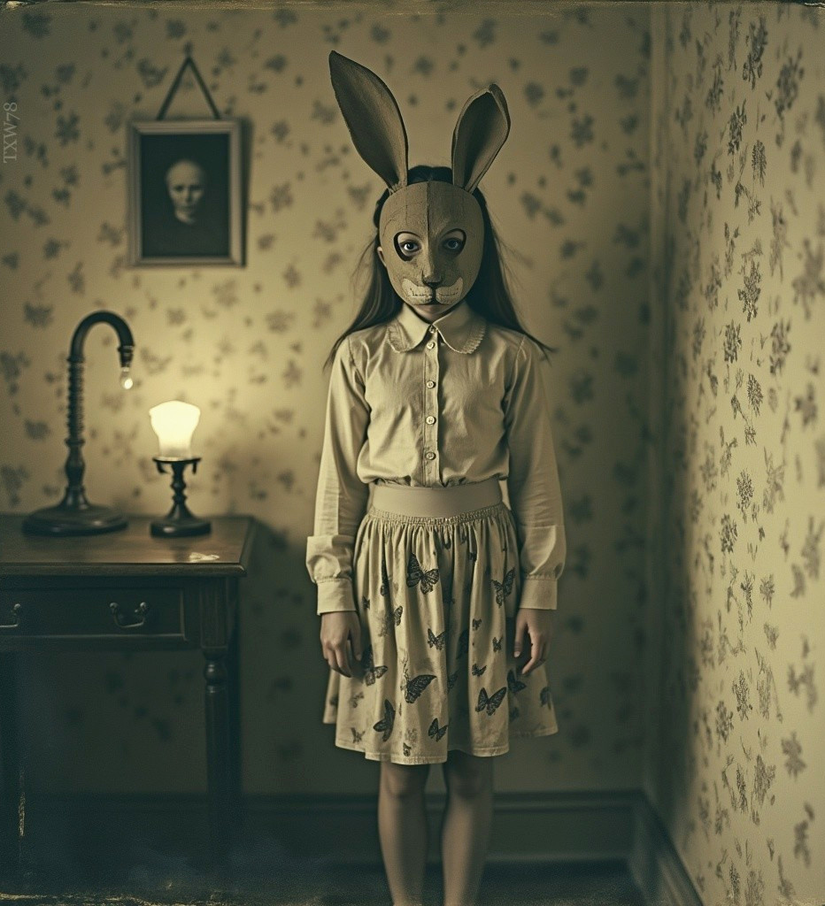 Eerie Scene of Girl in Rabbit Mask and Vintage Attire