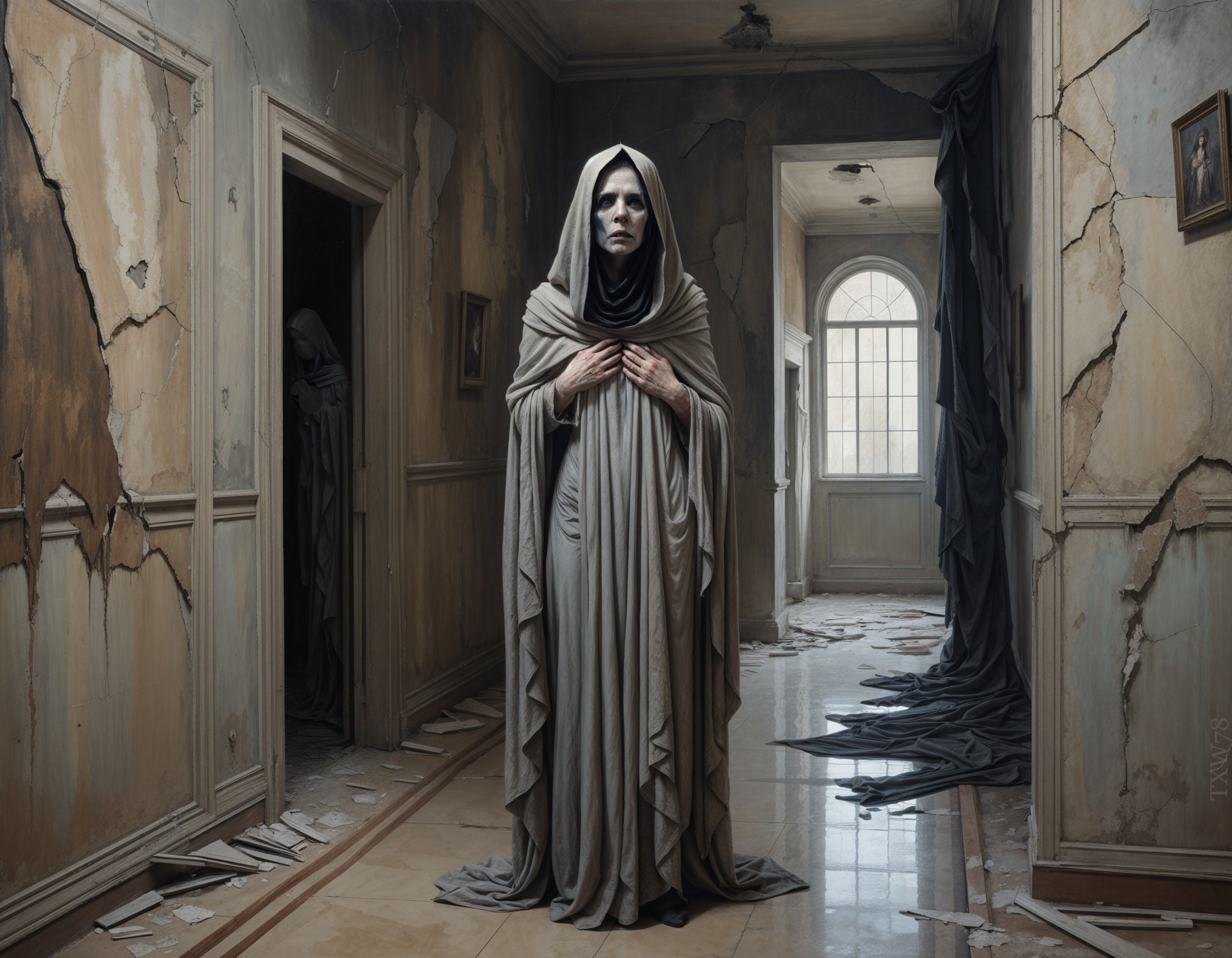 Cloaked Figure in Decaying Hallway with Eerie Atmosphere