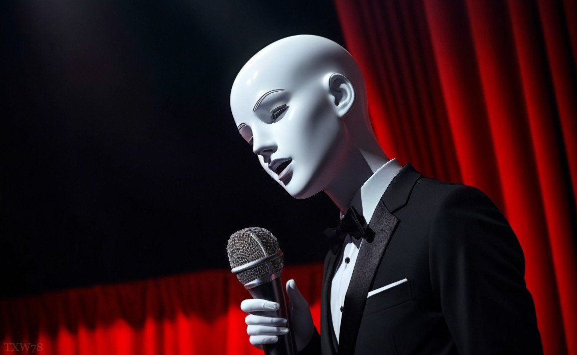 Featureless mannequin in tuxedo holding microphone on red curtain backdrop