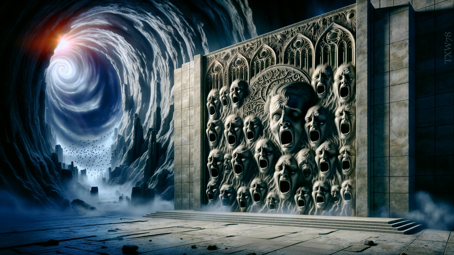 Surreal Landscape with Stone Wall and Sculpted Faces