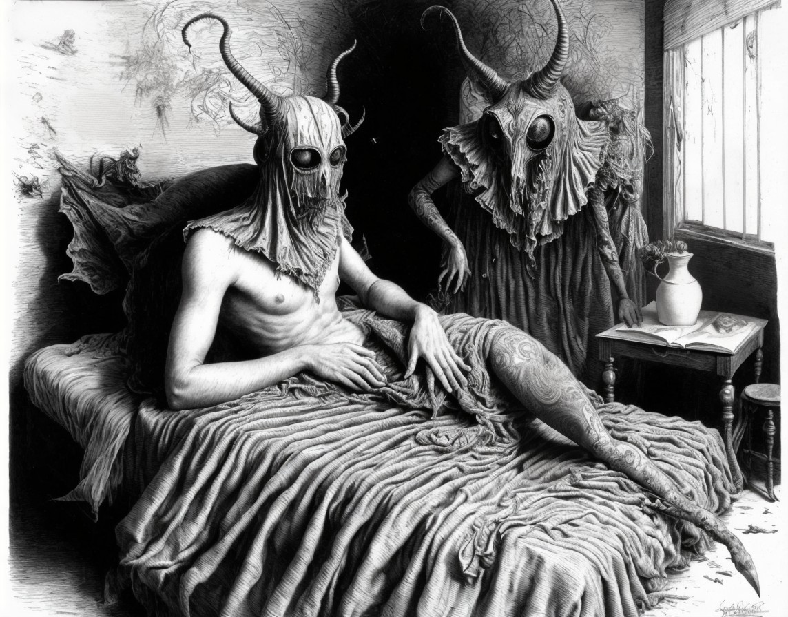 Monochromatic artwork of humanoid figures with horned masks in dimly lit room