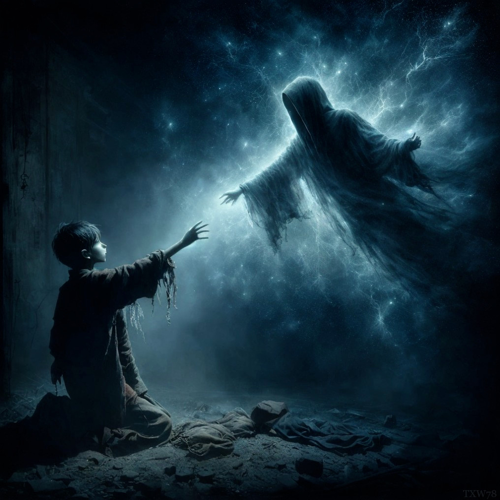 Young boy encounters luminous figure in dark space