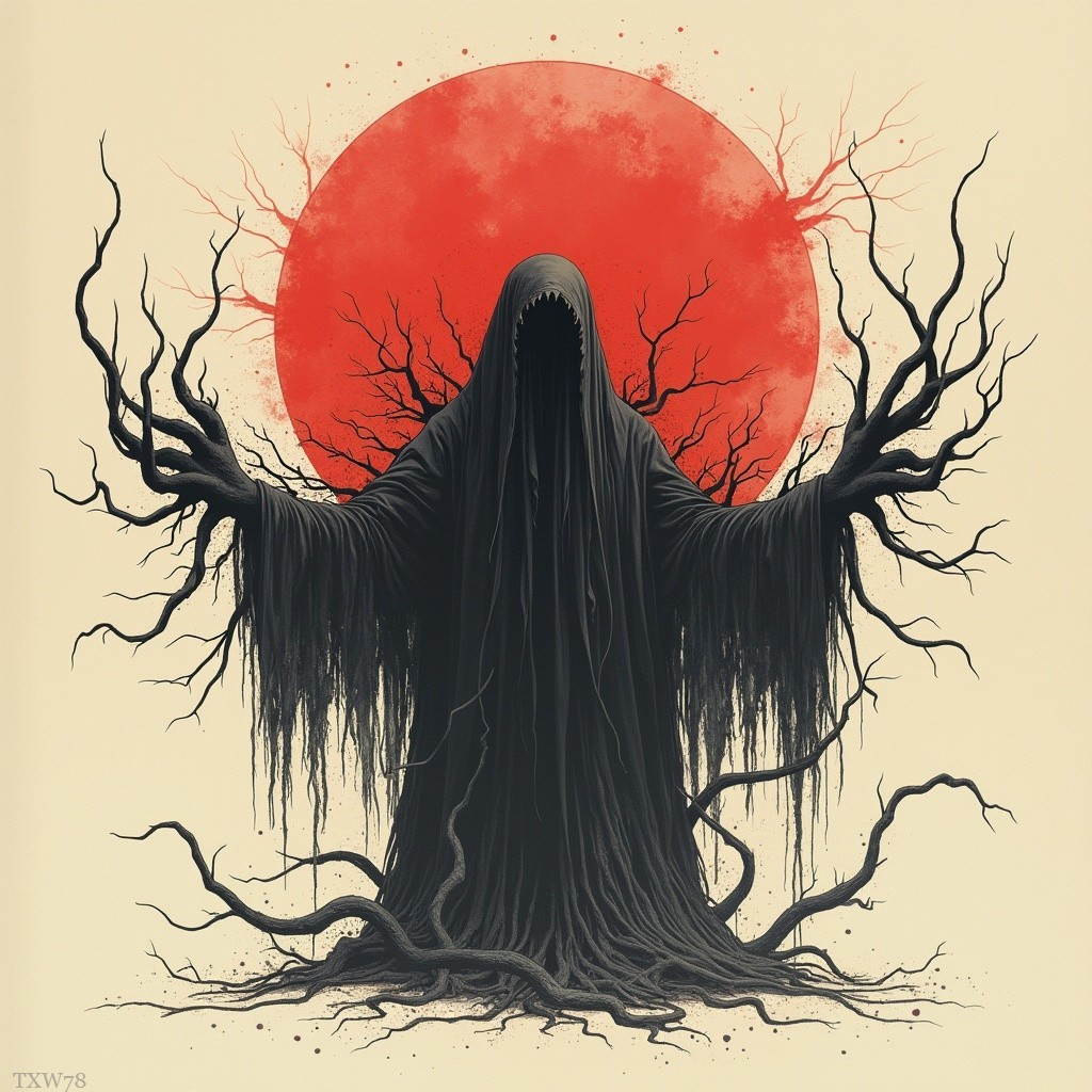 Dark Cloaked Figure Against Vivid Red Sun Landscape