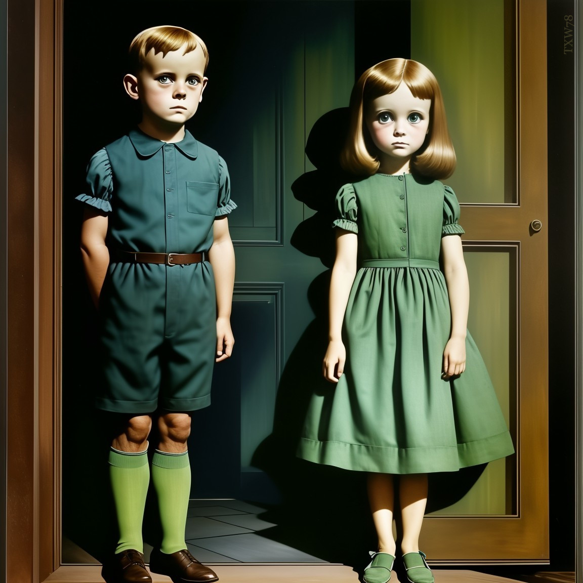 Children in Green Outfits in Dimly Lit Doorway