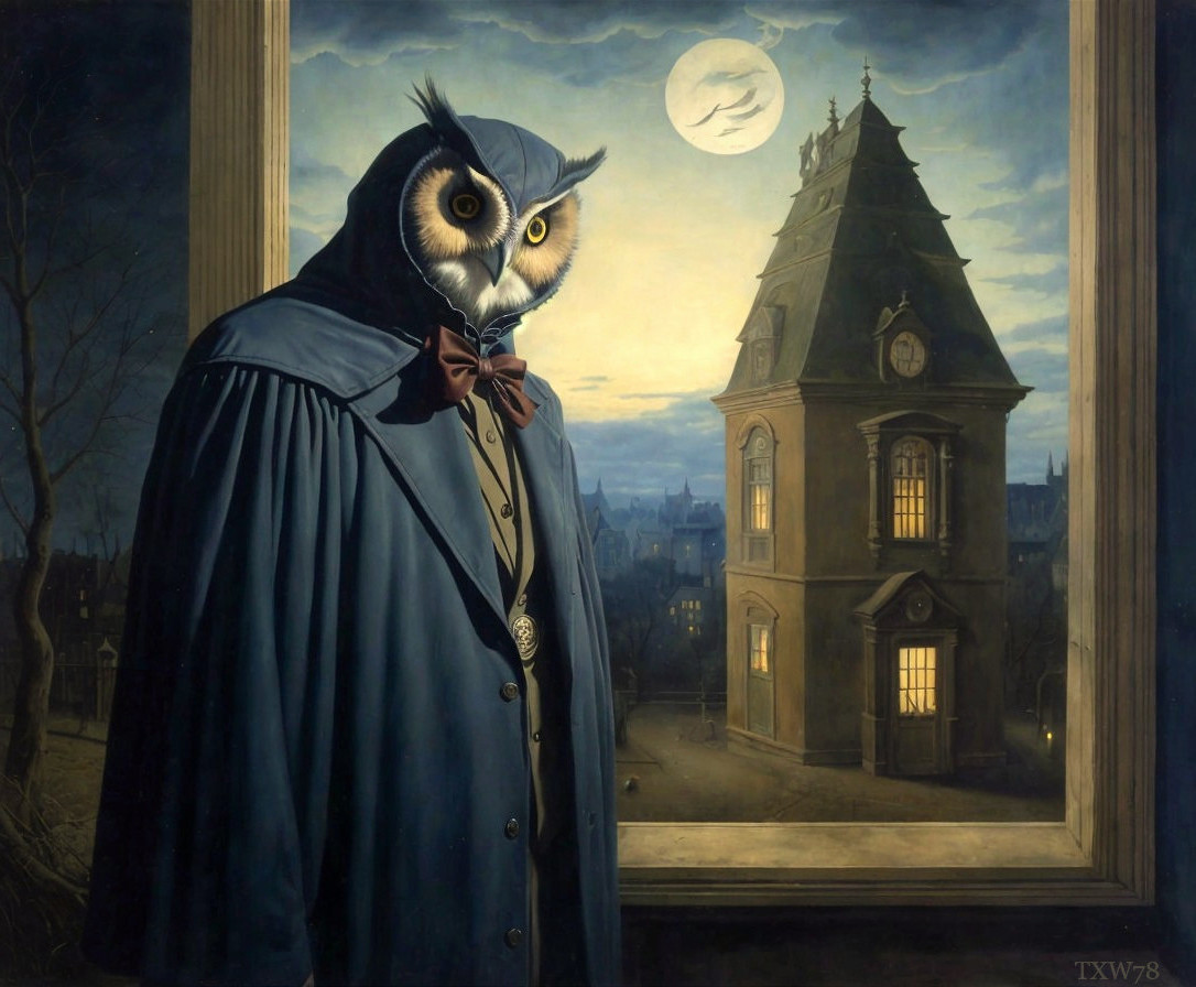 Surreal humanoid figure with owl head in moonlit city