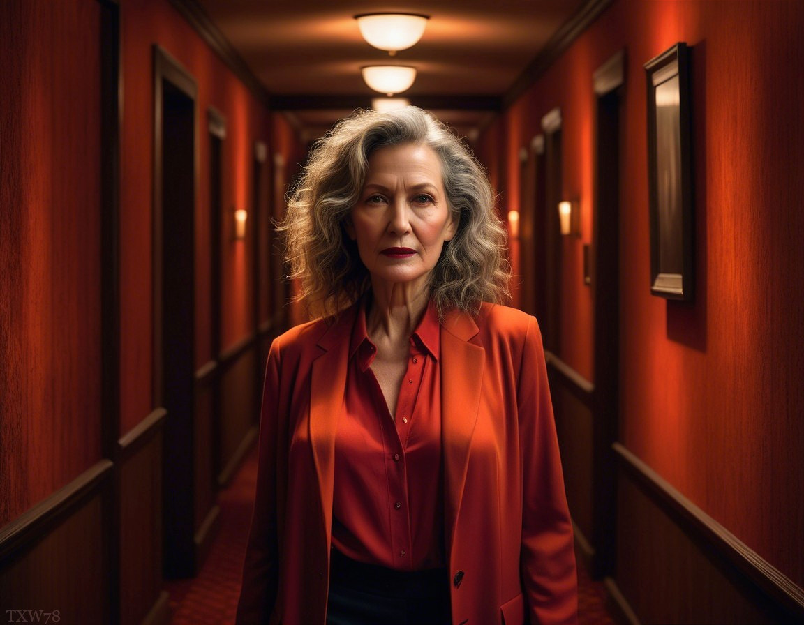 Confident Woman in Dimly Lit Hotel Corridor