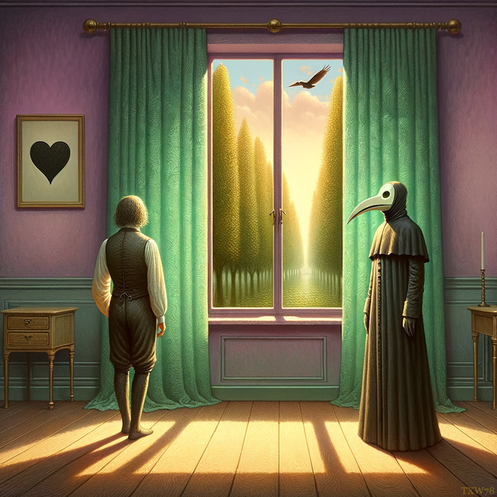 Surreal Room with Green Curtains and Mysterious Figures