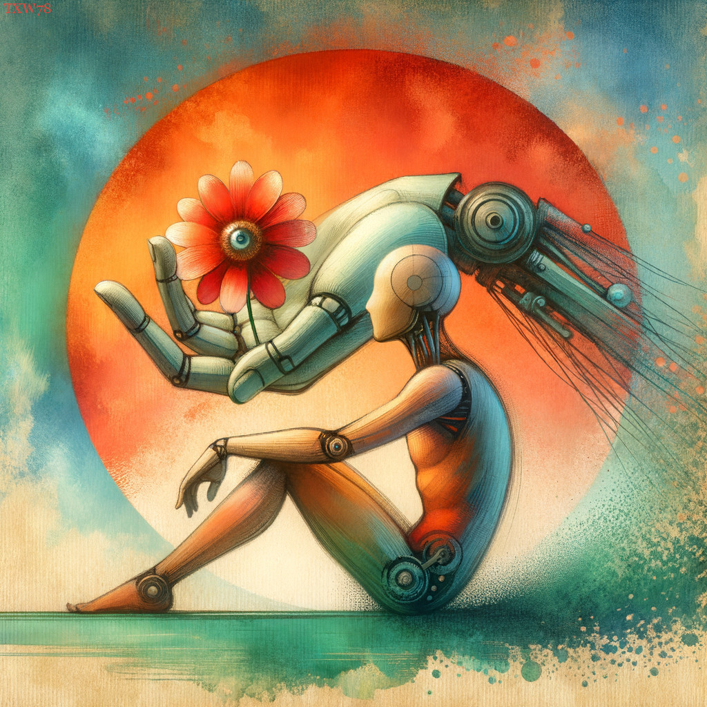 Humanoid Figure with Robotic Hand and Flower