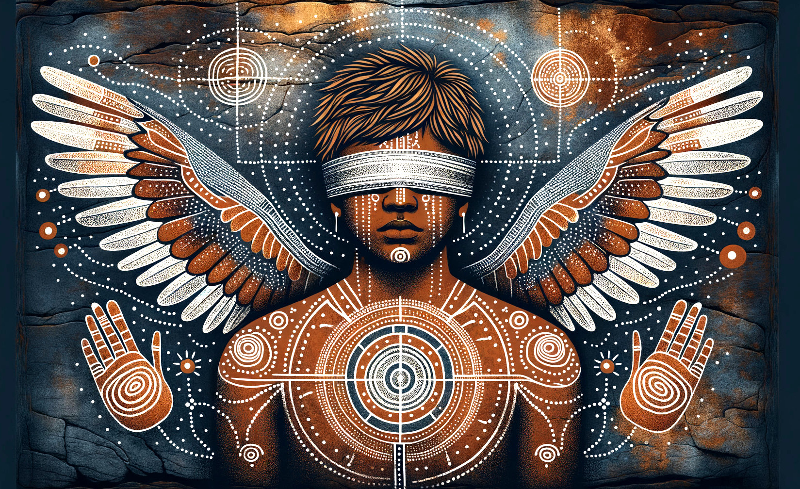 Blindfolded Figure with Wings and Spiritual Symbols
