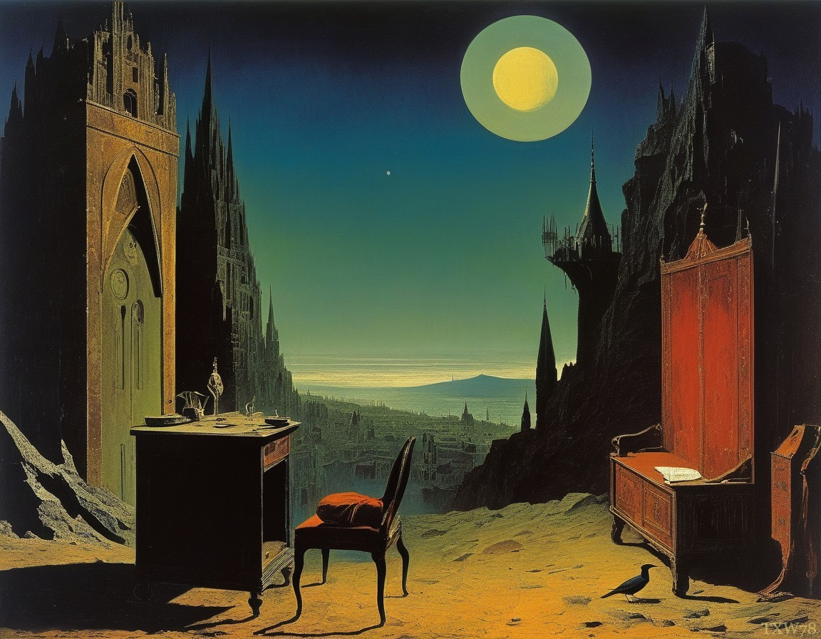 Surreal moonlit scene with gothic cathedral, chair, globe, books, and quill