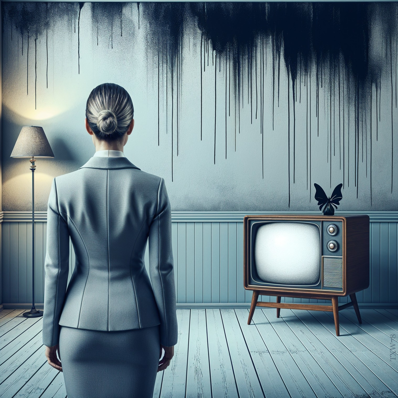 Woman in Suit in Dimly Lit Room with Vintage TV