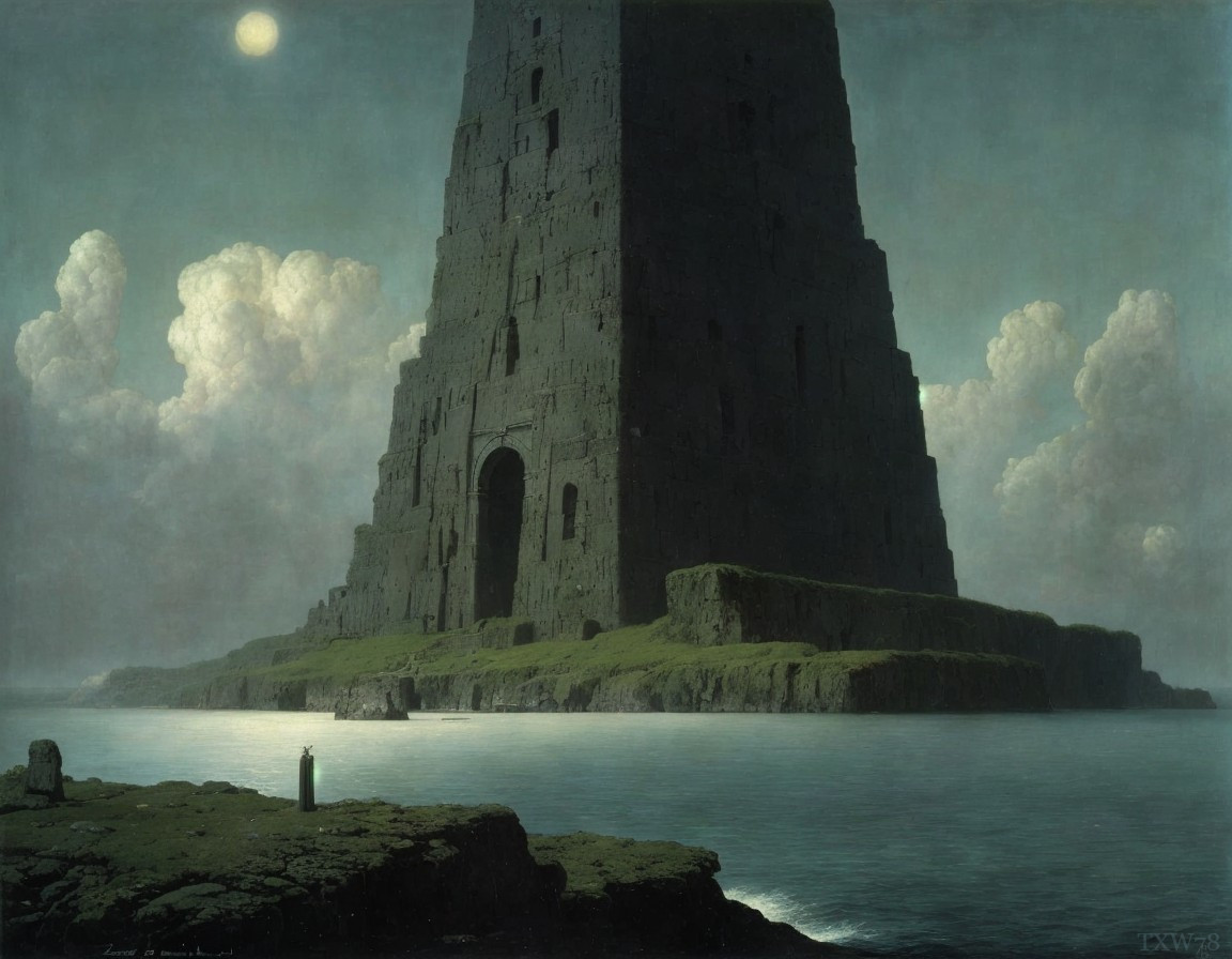 Cylindrical tower on coastal island under moonlit sky