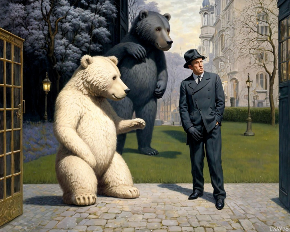 Man in Suit Observes Bears at Open Doorway