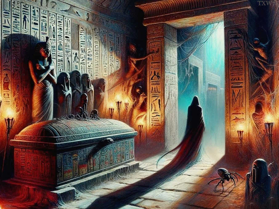 Ancient Egyptian Tomb Interior with Hieroglyphics and Shadows