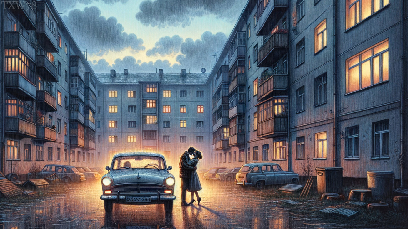 Couple Embraces in Rainy Urban Street Scene