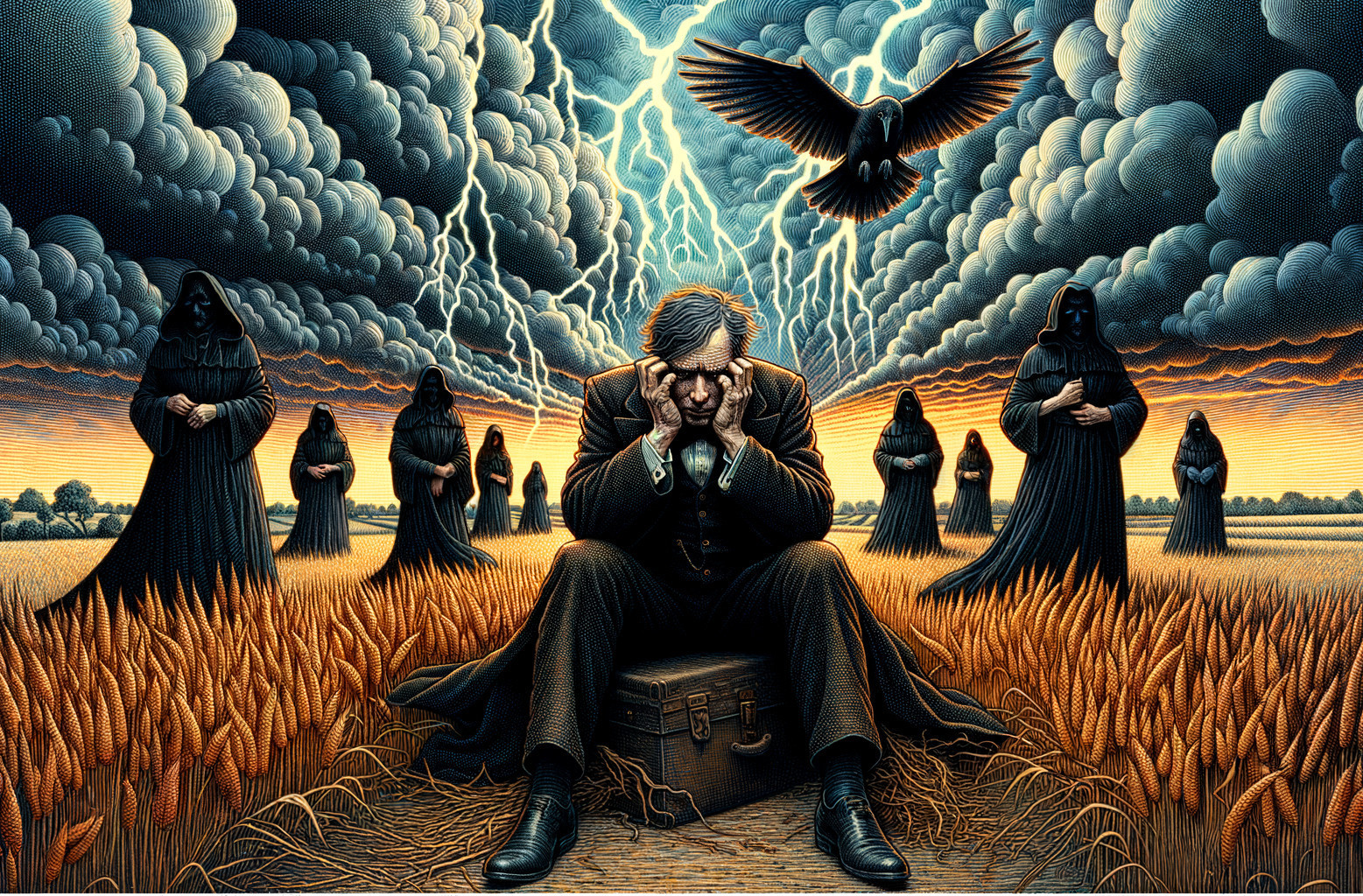Somber figure in wheat field under stormy skies