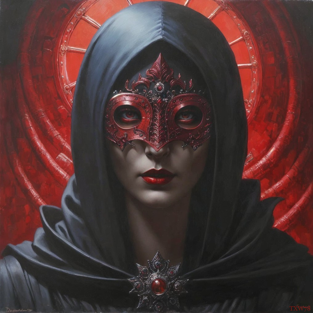 Mysterious figure in hood and ornate red mask