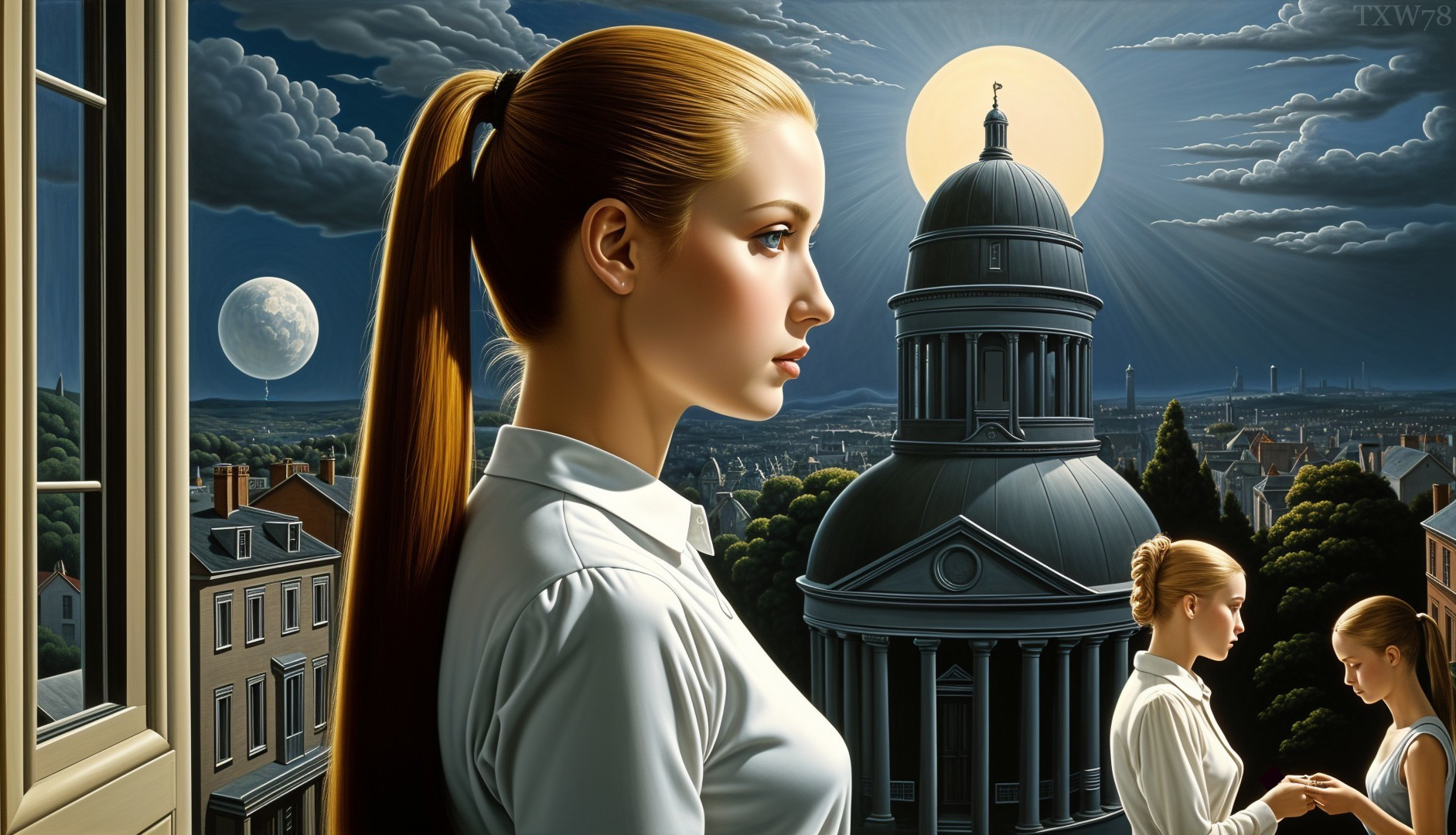 Profile of a Young Woman Under a Dramatic Night Sky