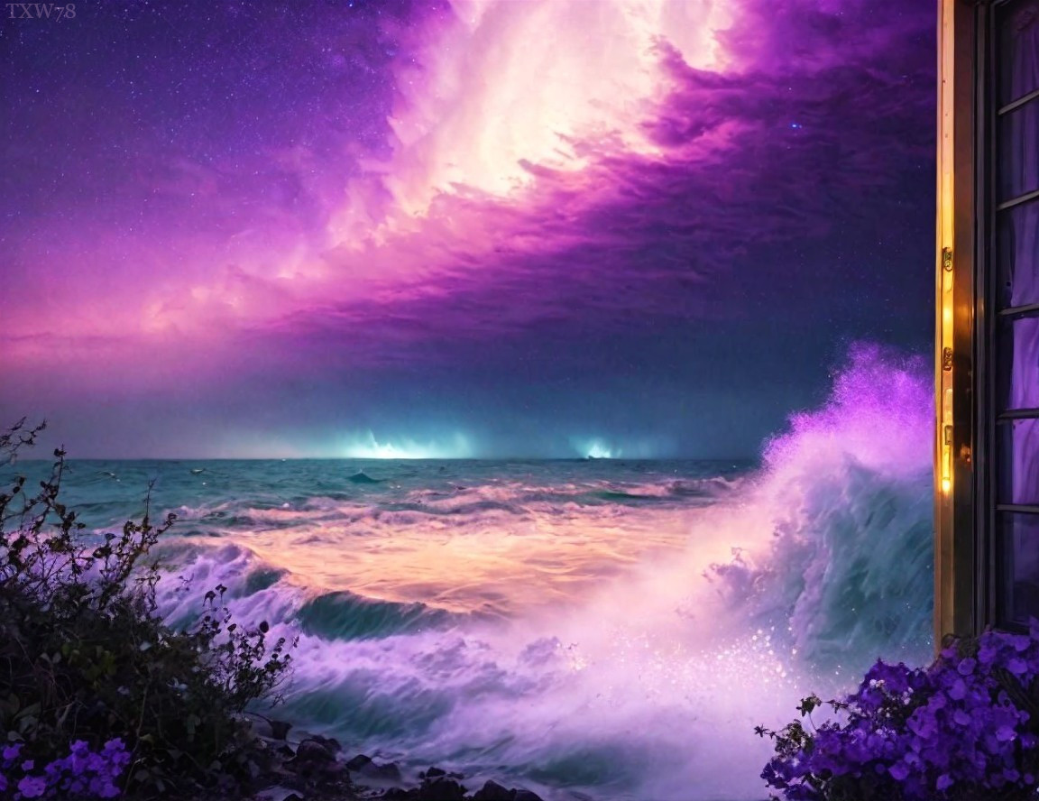 Surreal Ocean Scene with Dramatic Sky and Doorway