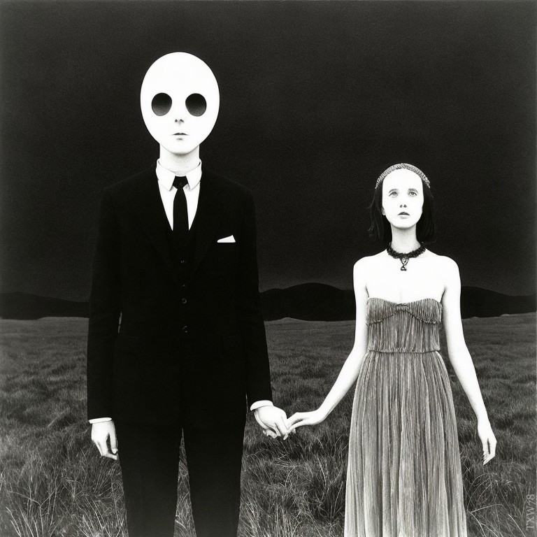 Monochrome image: Two figures in field, one with oversized white head, other woman in gown.