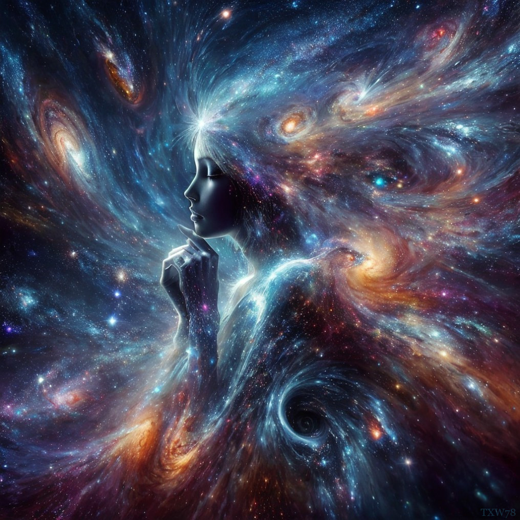 Silhouette of Woman Against Cosmic Background
