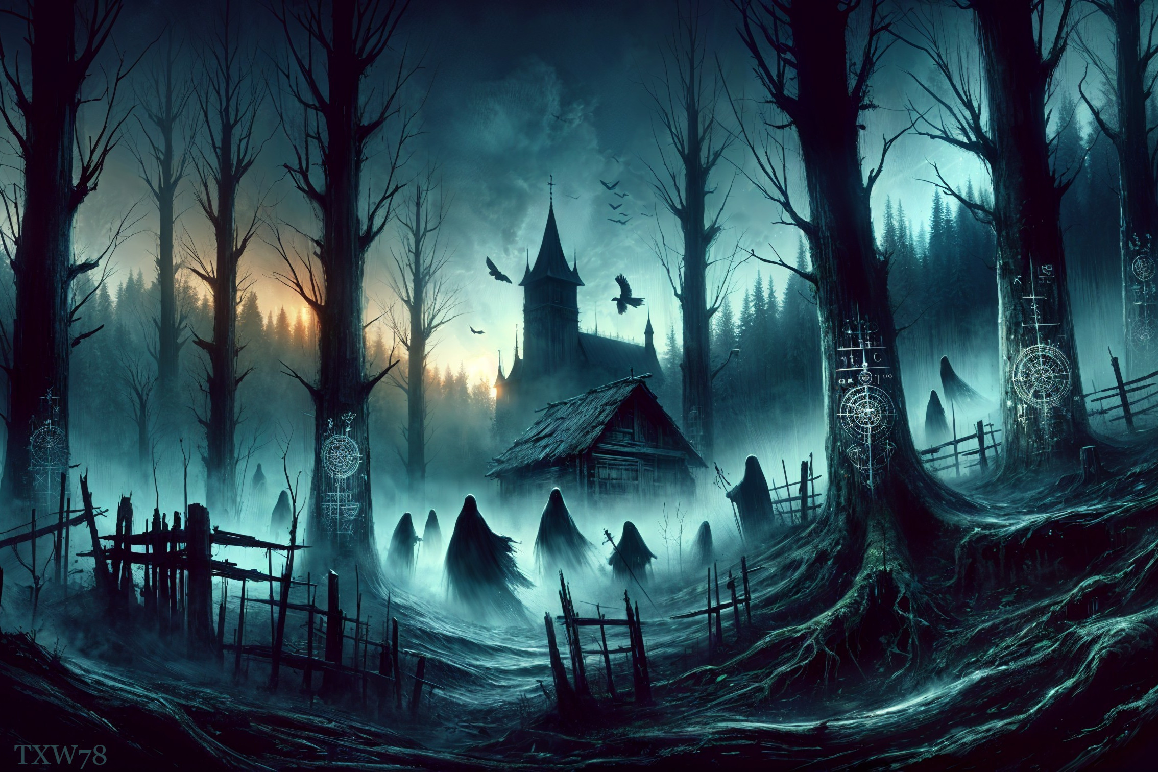 Misty Forest Landscape with Dilapidated Church