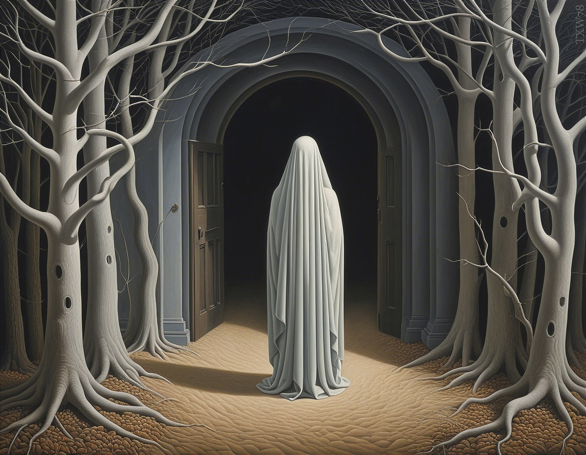 Cloaked Figure at Mysterious Archway in Surreal Landscape