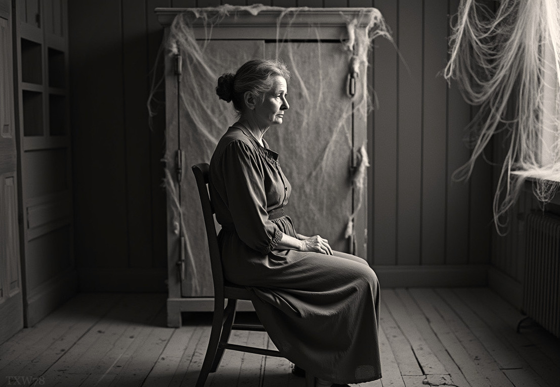Older Woman in Dim Room with Monochrome Tones