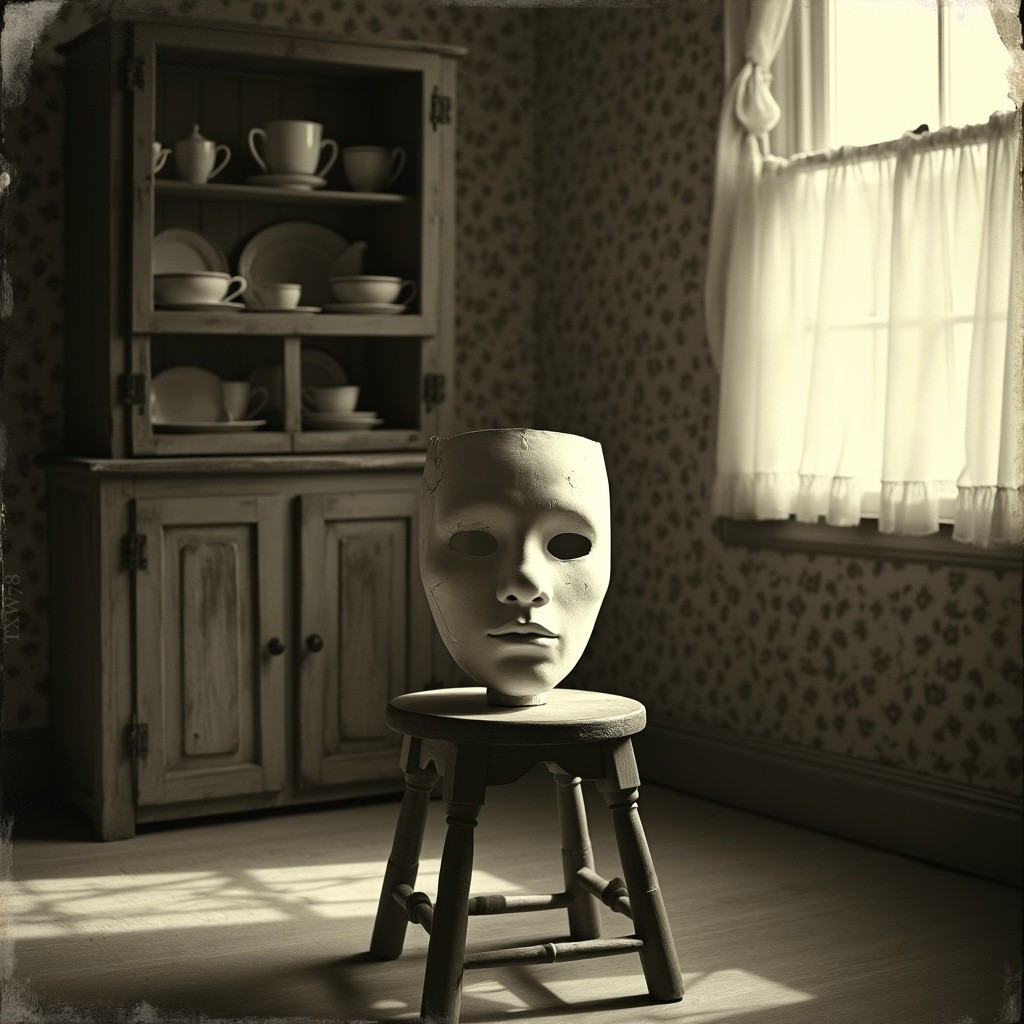 White Mask on Stool in Serene Vintage Room Setting
