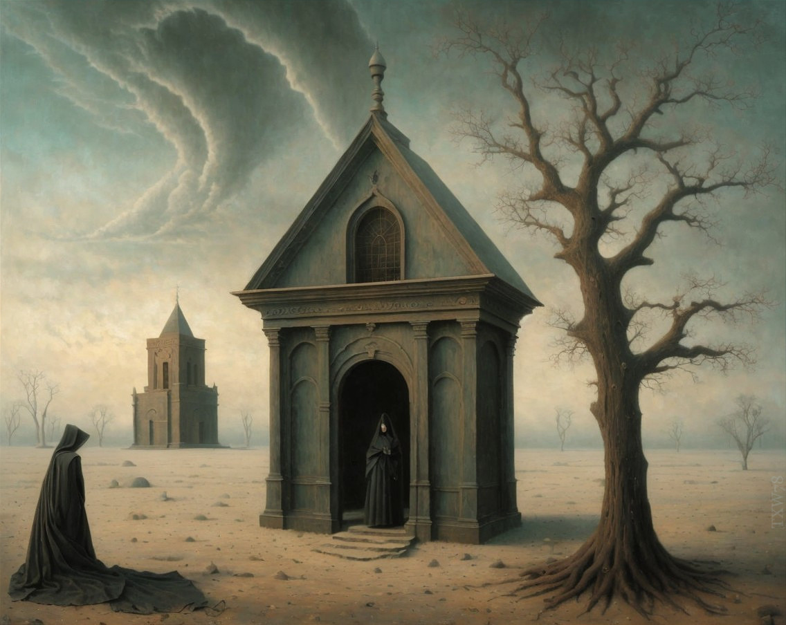 Barren Landscape with Mausoleum and Cloaked Figure