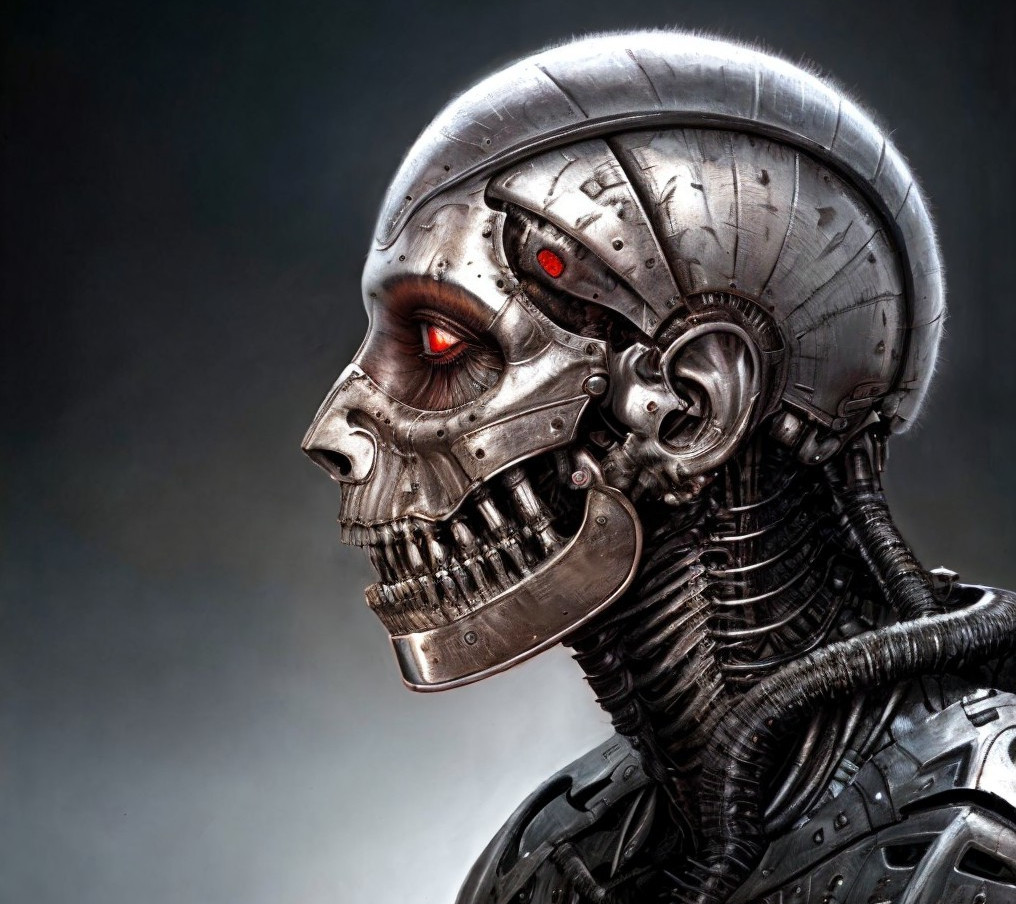 Detailed metallic robot skull with red eyes and intricate mechanical details