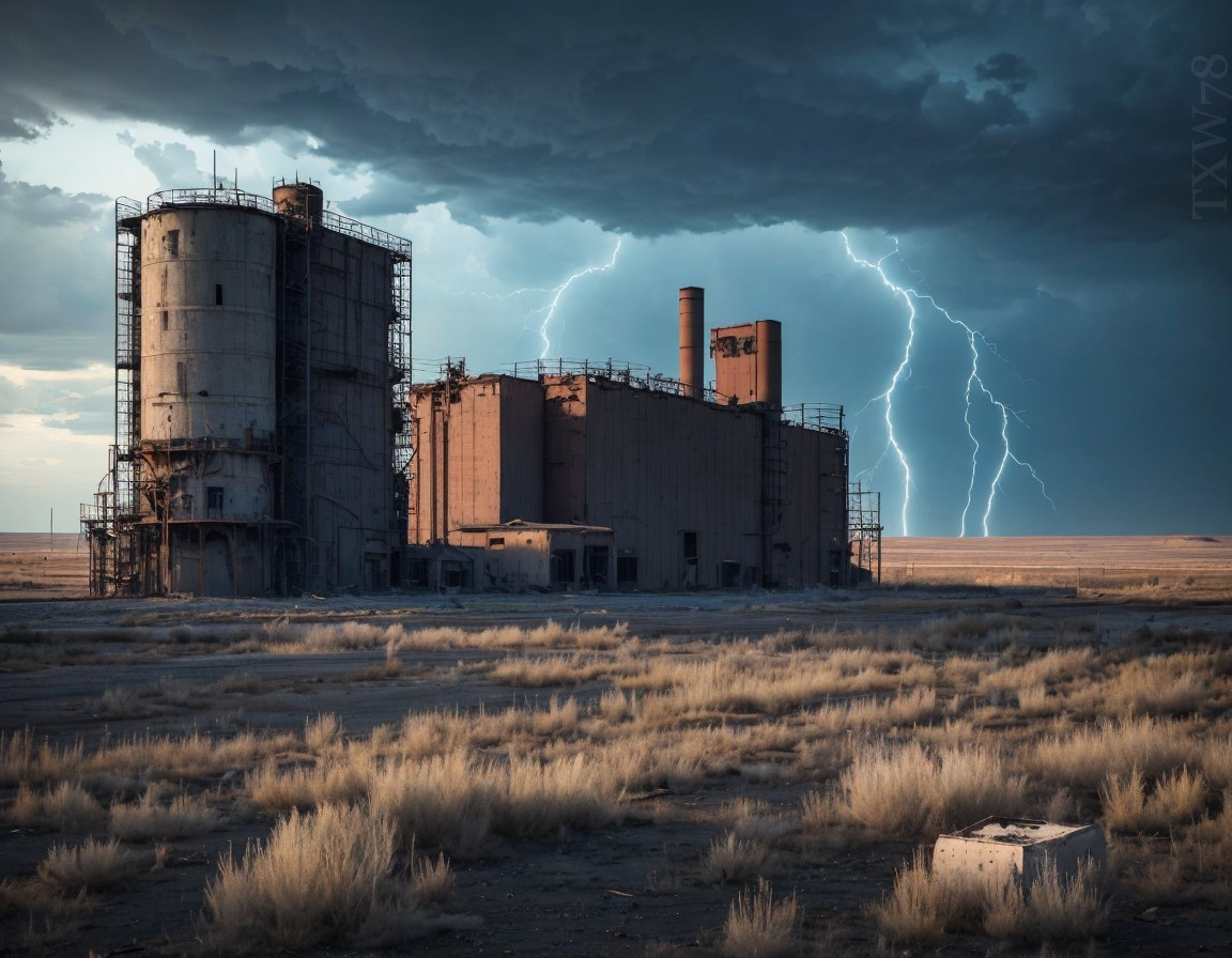 Desolate Industrial Site Under Ominous Sky