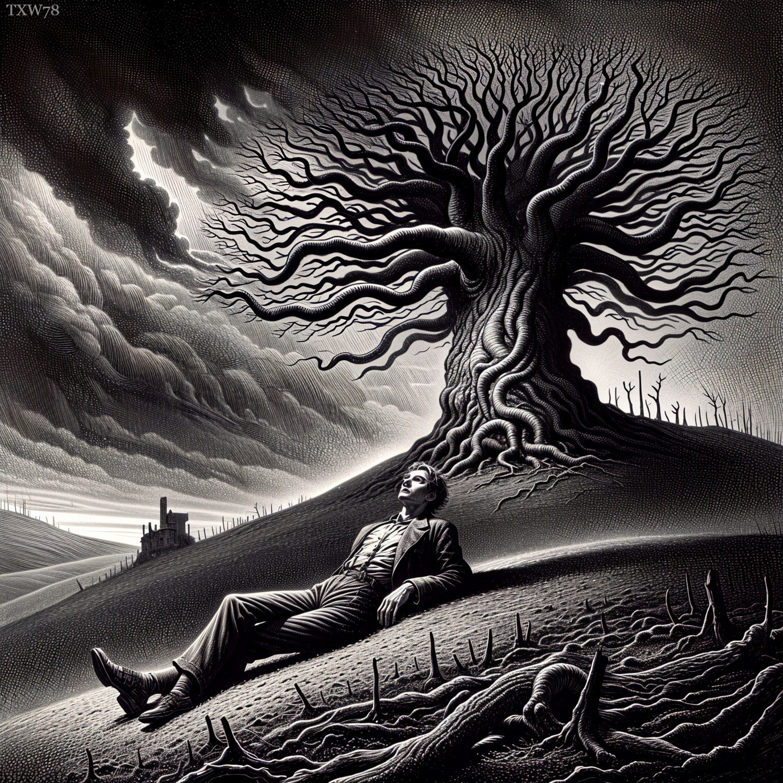 Lone Figure in Barren Landscape with Twisted Tree