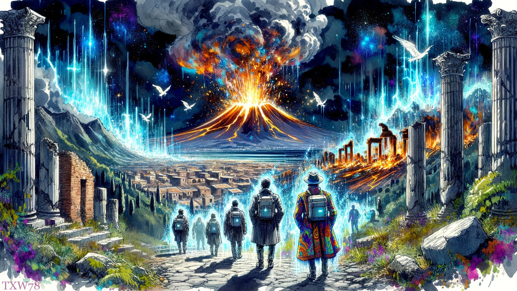 Erupting Volcano and Explorers Near Ancient Ruins
