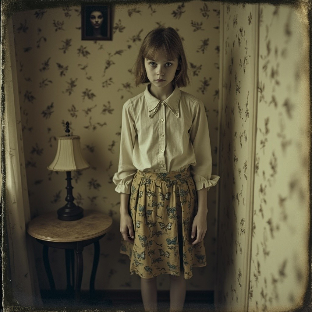 Young girl in dim room with floral wallpaper and lamp