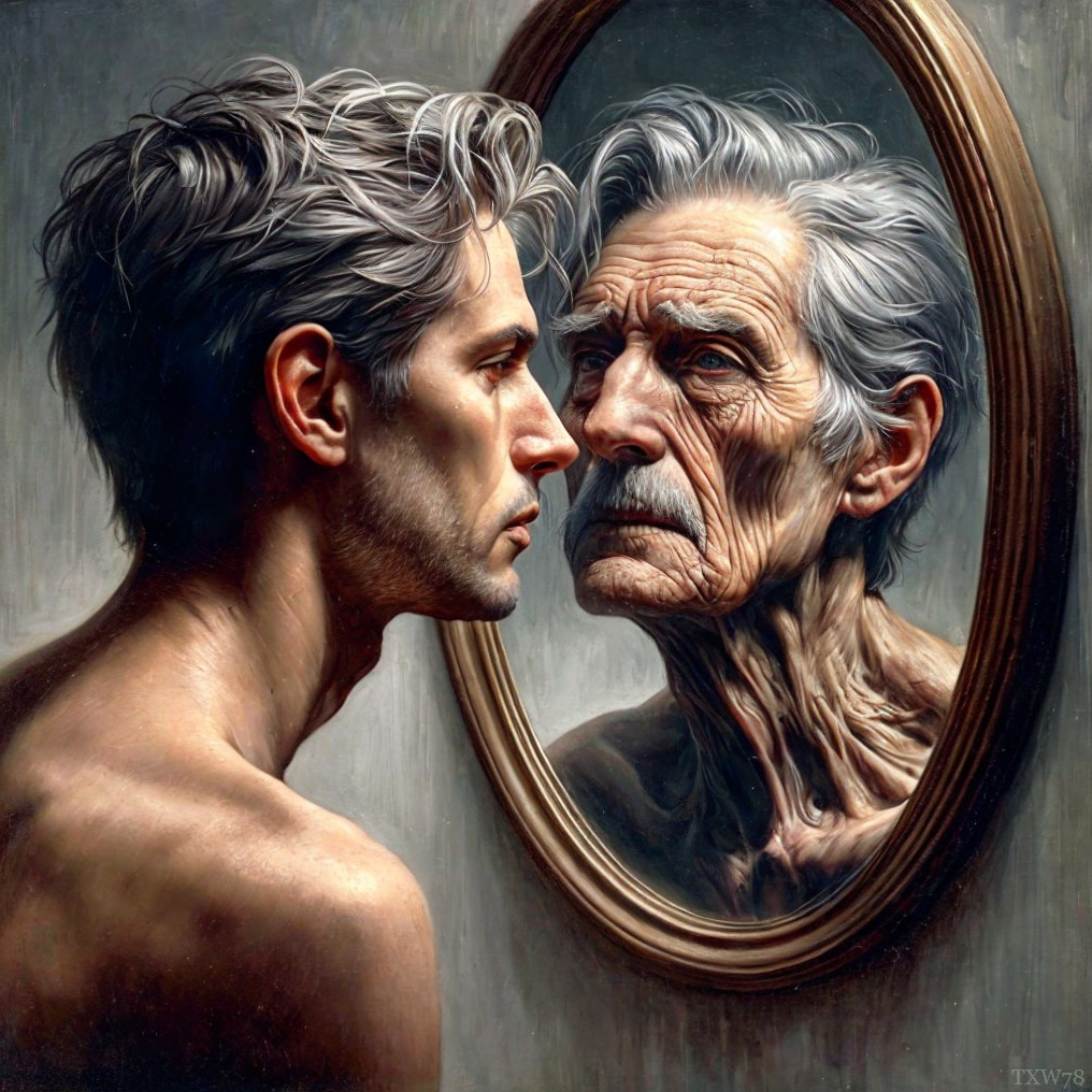 Reflection of a Young Man Seeing His Older Self
