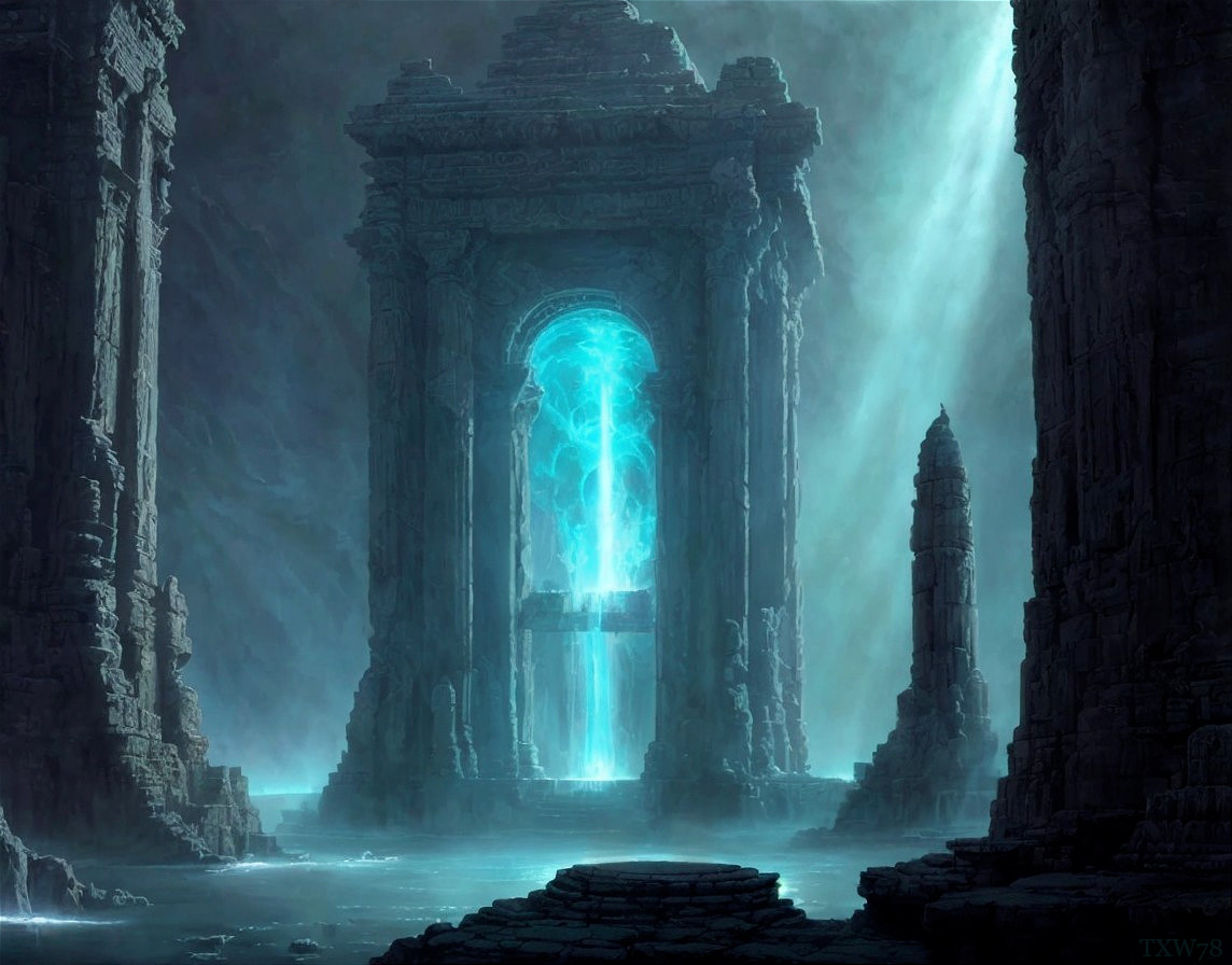 Mystical ancient ruin with towering stone columns and glowing blue light
