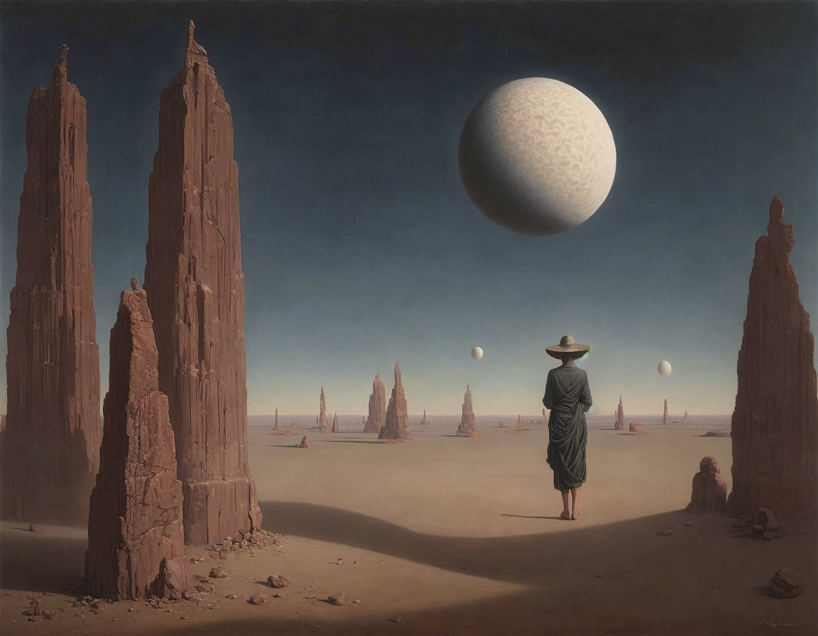Cloaked Figure in Desert with Rock Formations and Large Moon