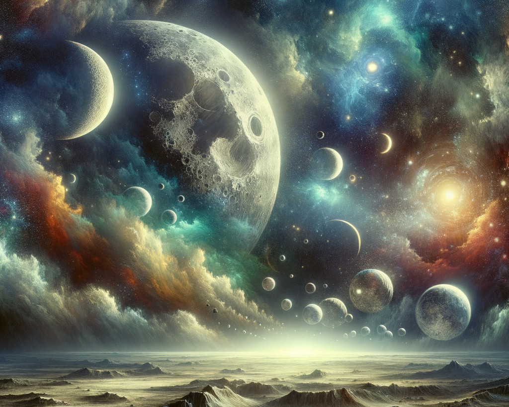 Celestial artwork: Multiple moons and planets in star-filled nebula