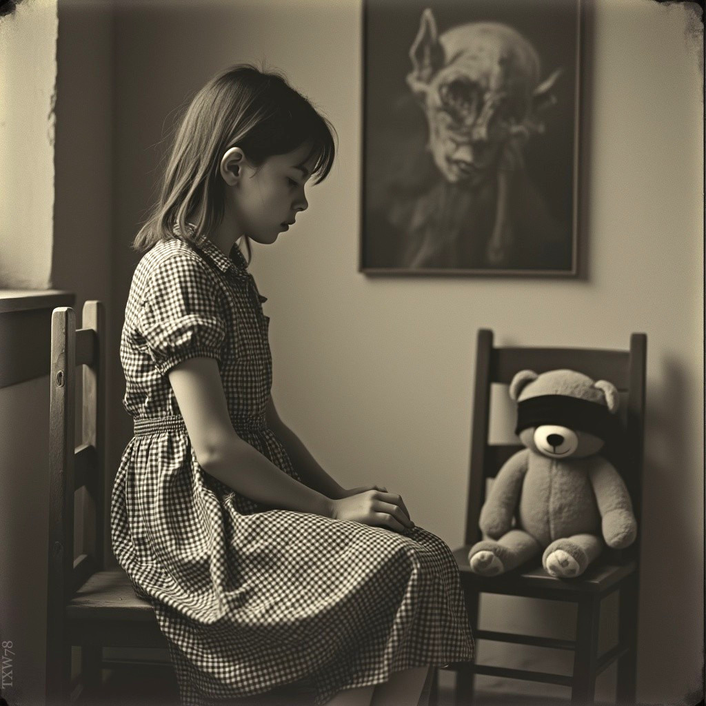Young girl in vintage dress with teddy bear and portrait