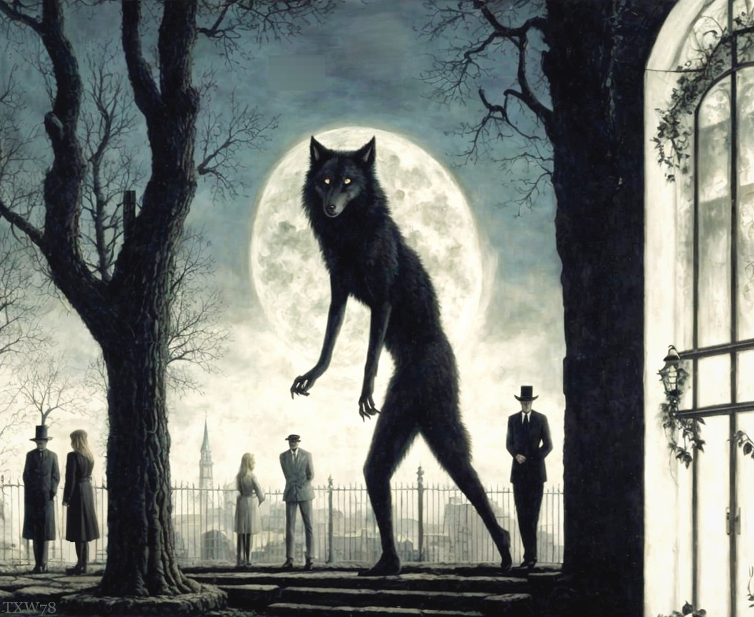 Dark Victorian Graveyard with Shadowy Wolf Under Moon