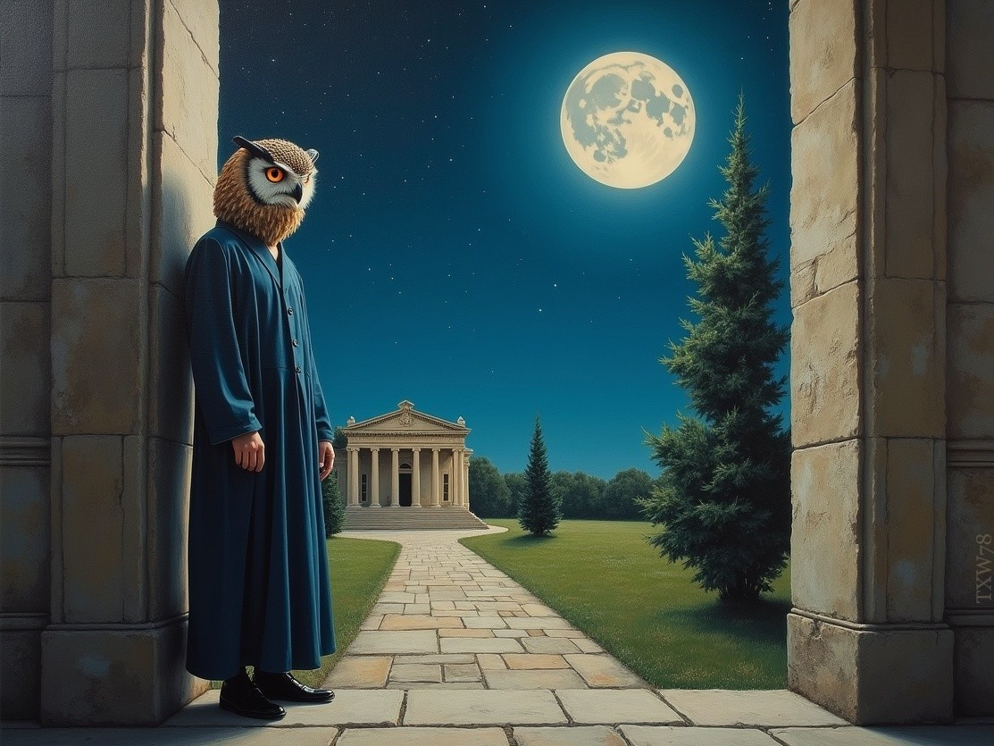 Owl-Masked Figure at Stone Archway Under Moonlight
